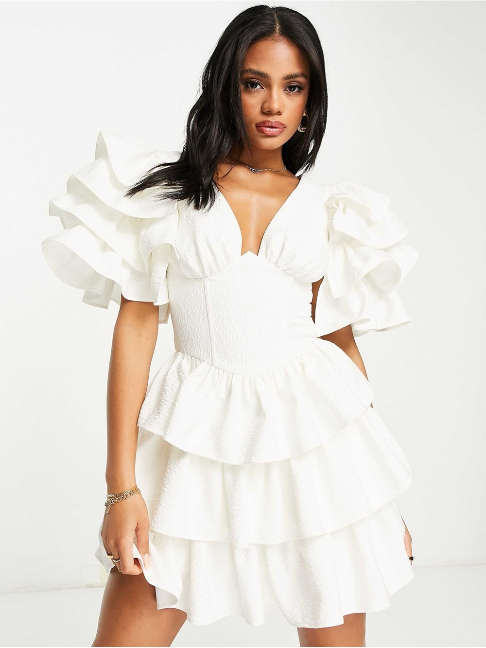 ASOS Luxe White Jacquard Ruffle Puff Sleeve Corser Tiered Mini Dress (Size 4)